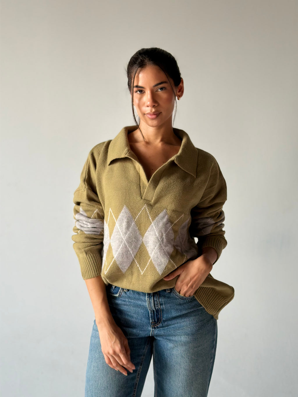 Argyle oversized Polo Sweater in light Green