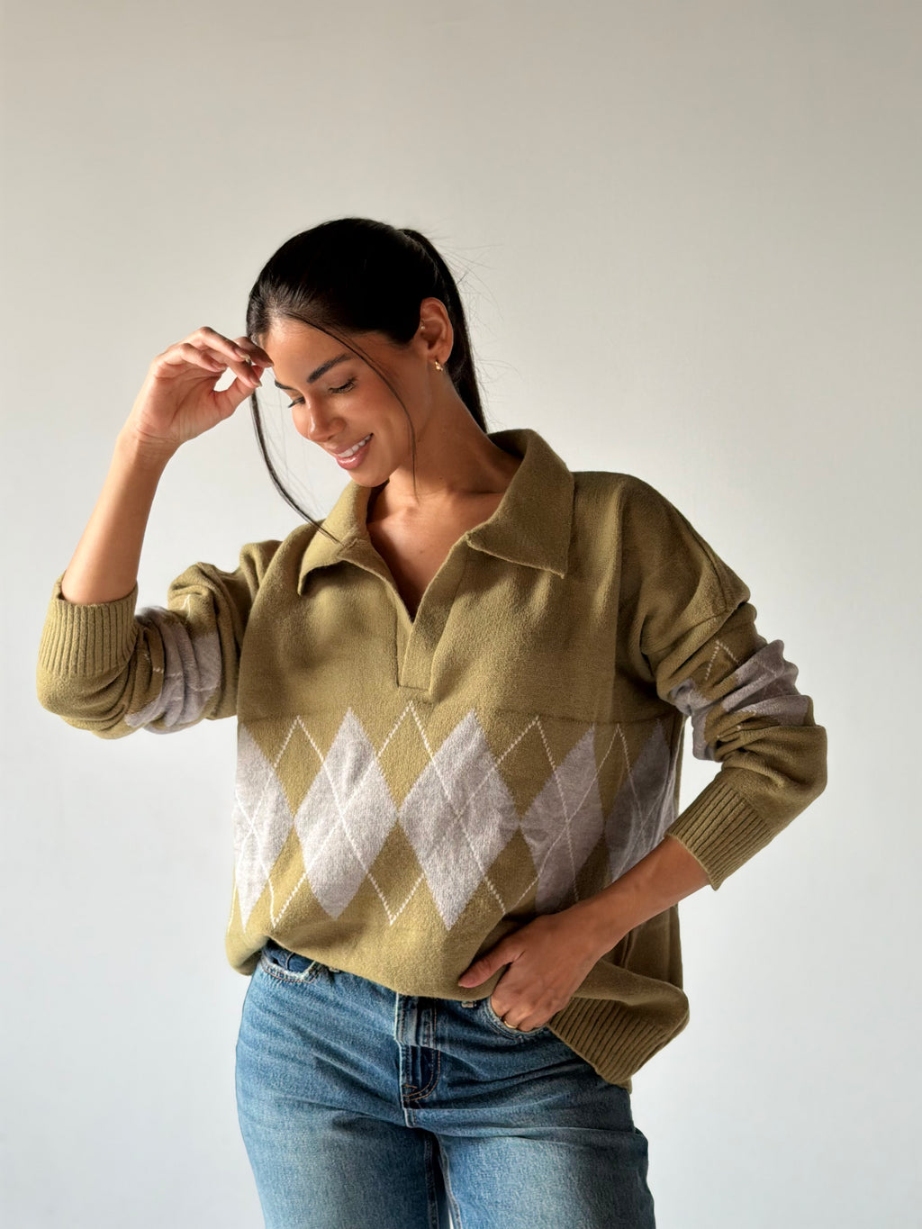 Argyle oversized Polo Sweater in light Green