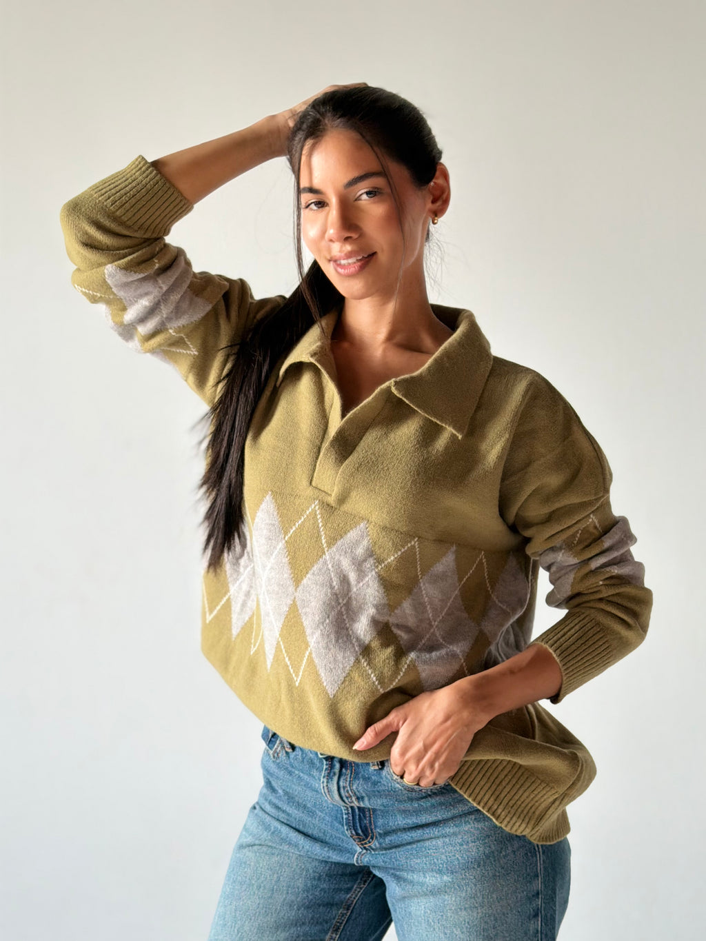 Argyle oversized Polo Sweater in light Green
