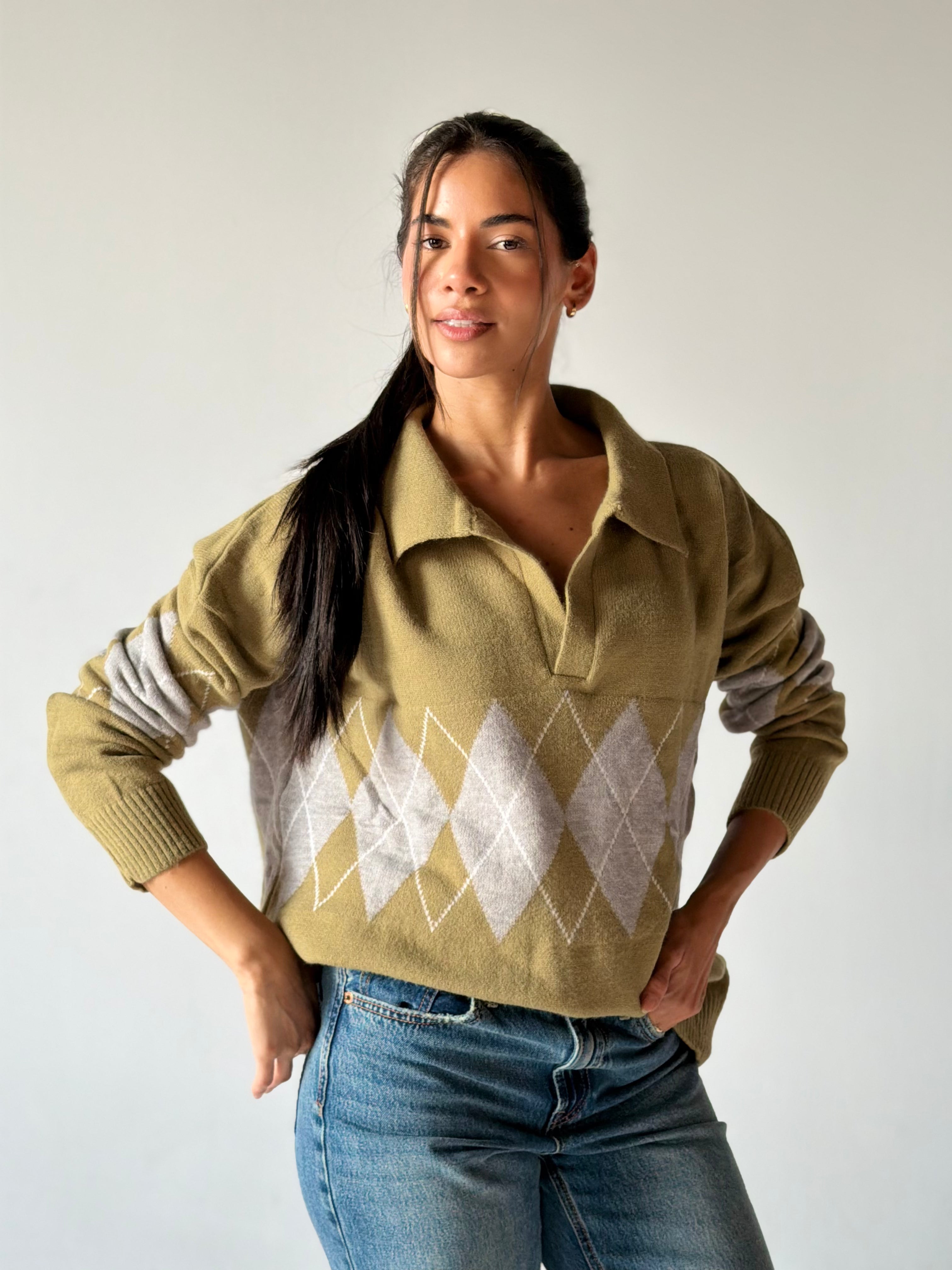 Argyle oversized Polo Sweater in light Green