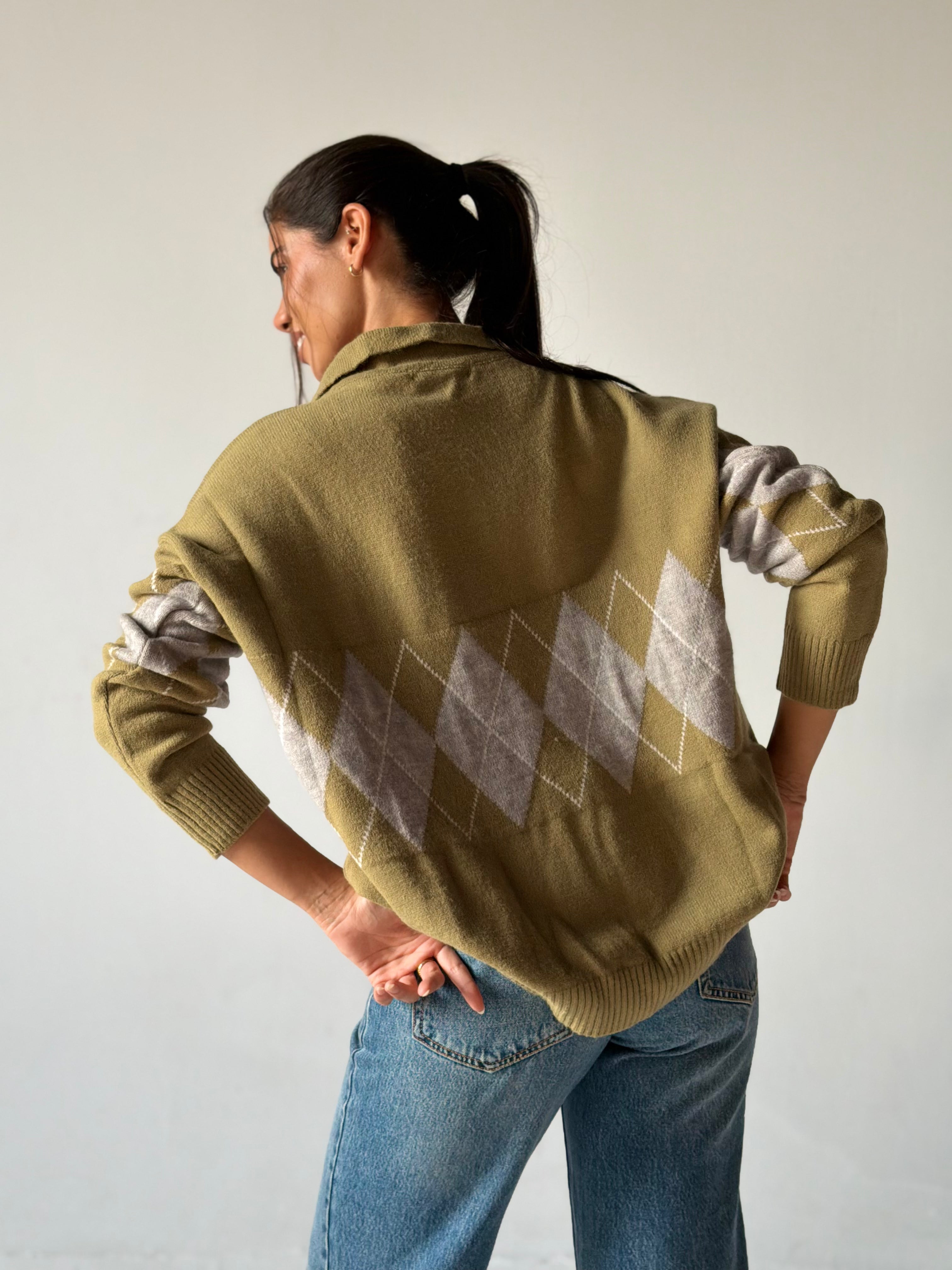 Argyle oversized Polo Sweater in light Green