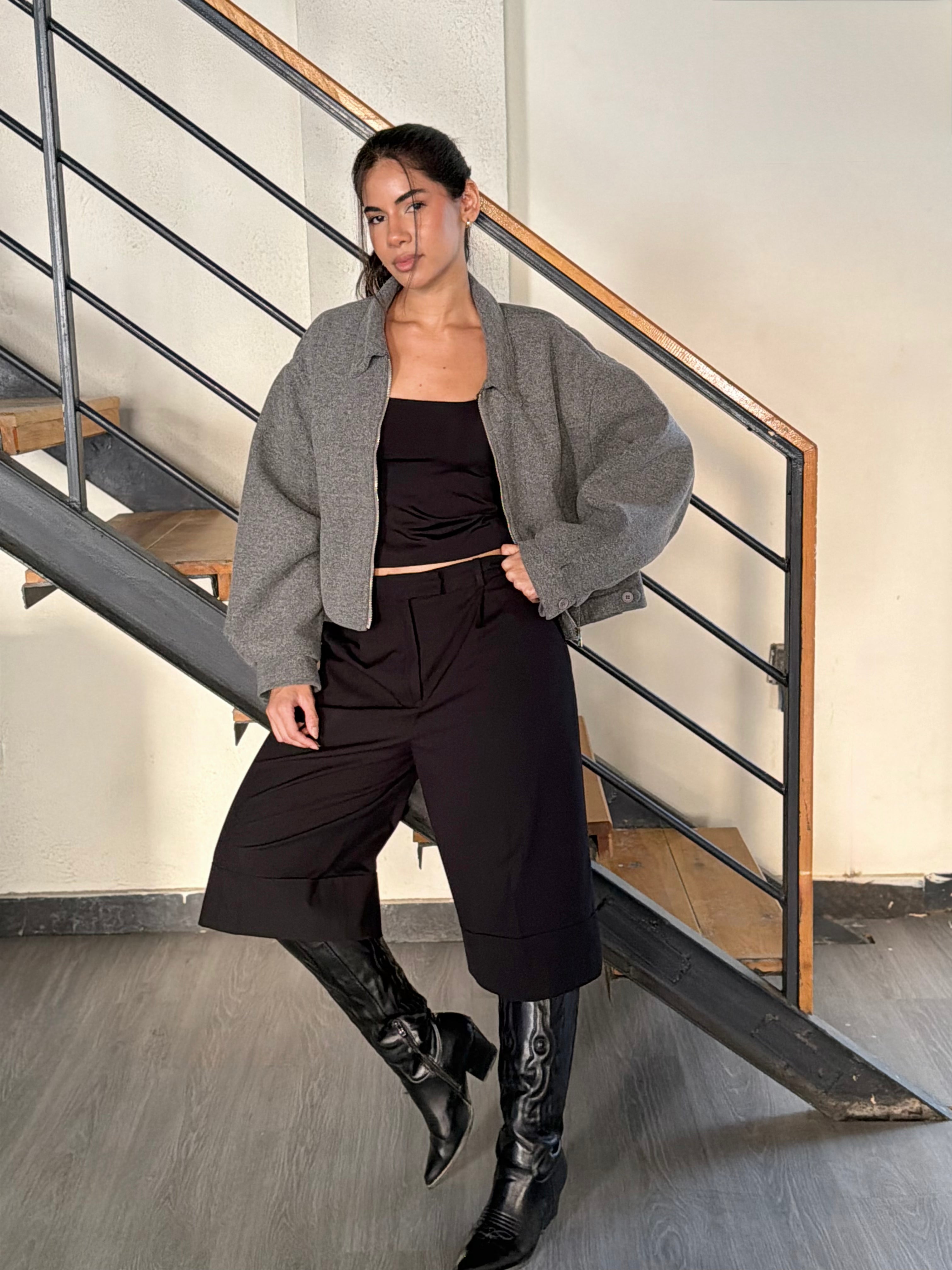 Cropped Bomber Jacket in Grey