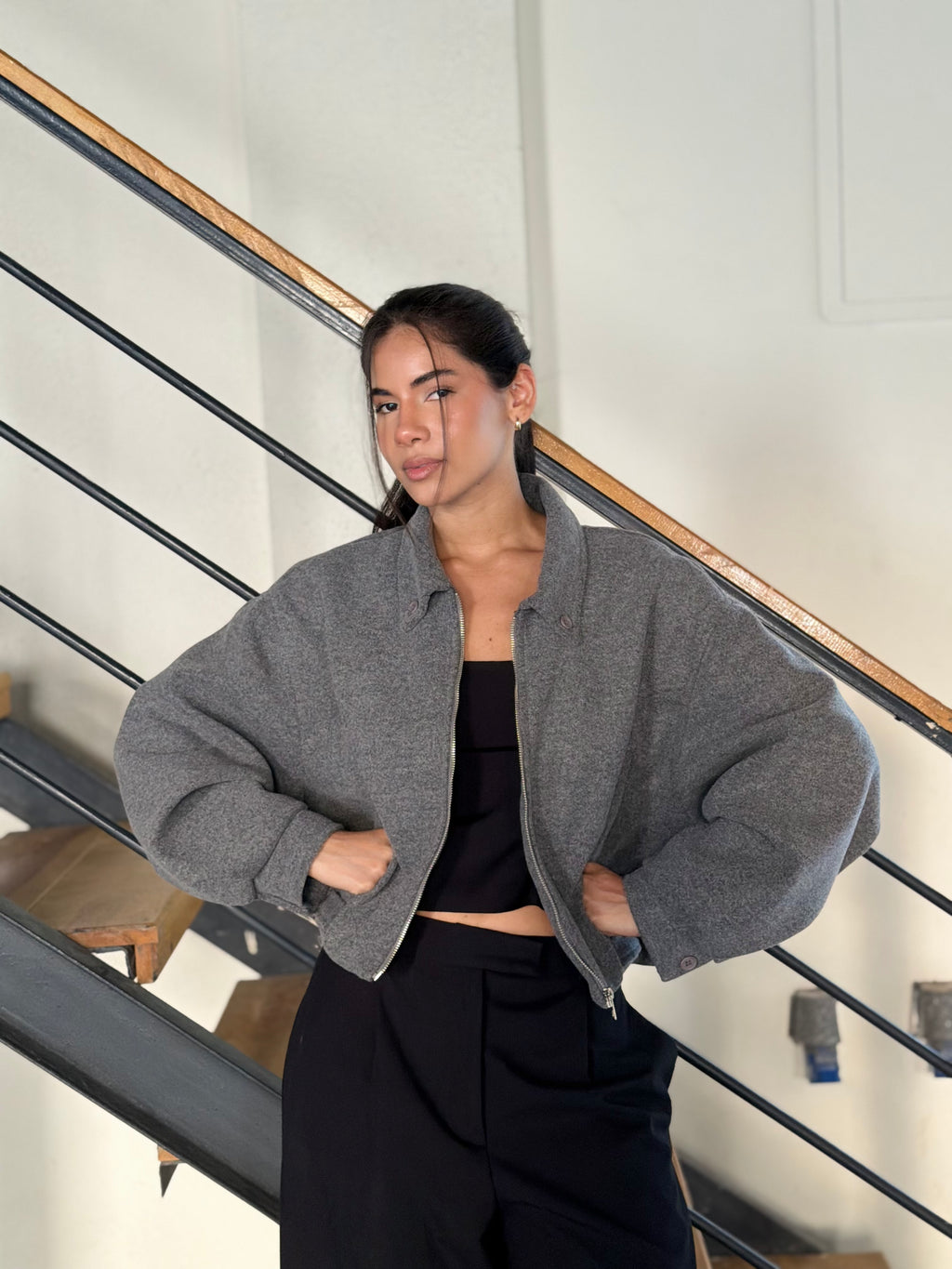 Cropped Bomber Jacket in Grey