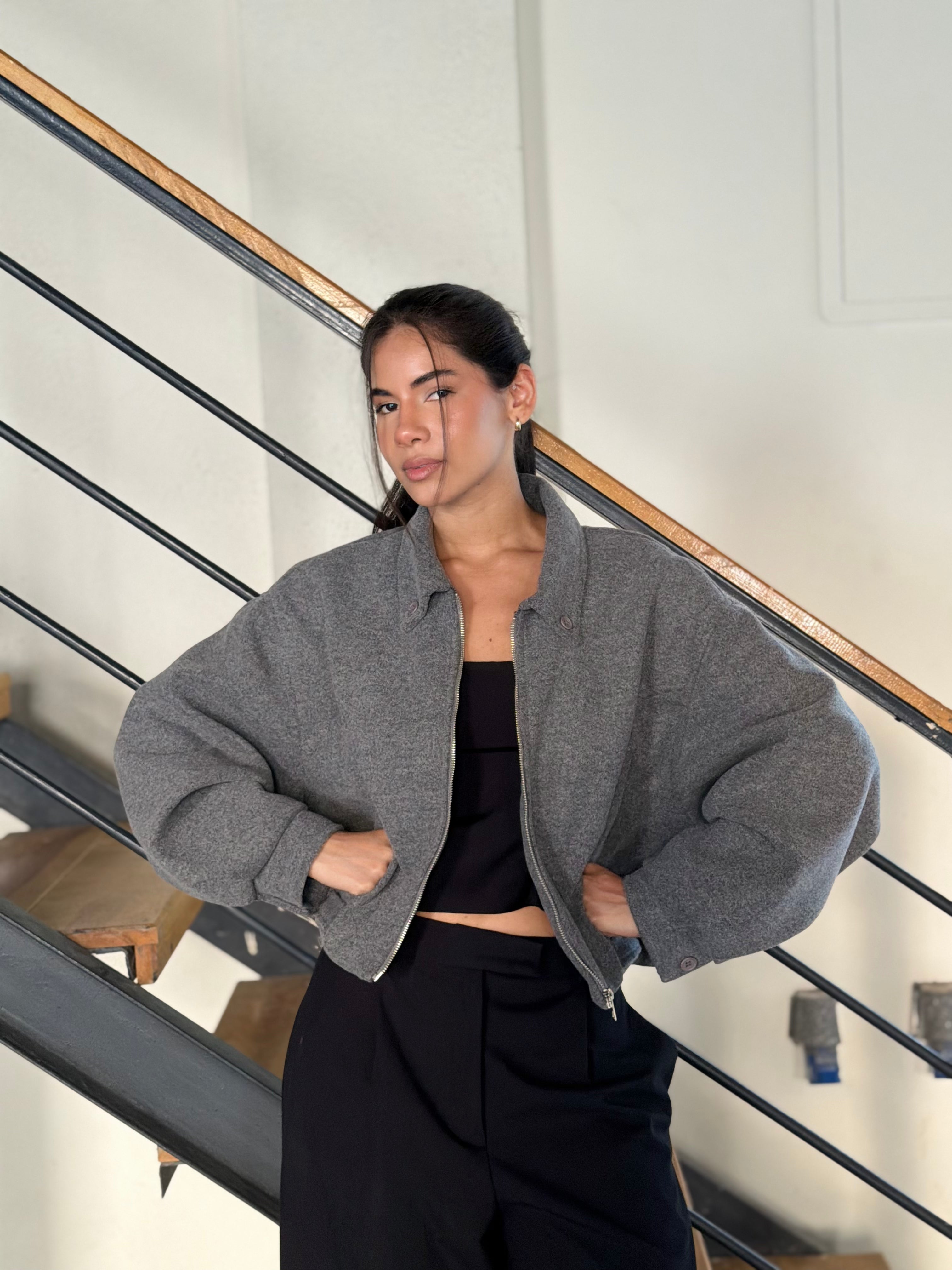 Cropped Bomber Jacket in Grey