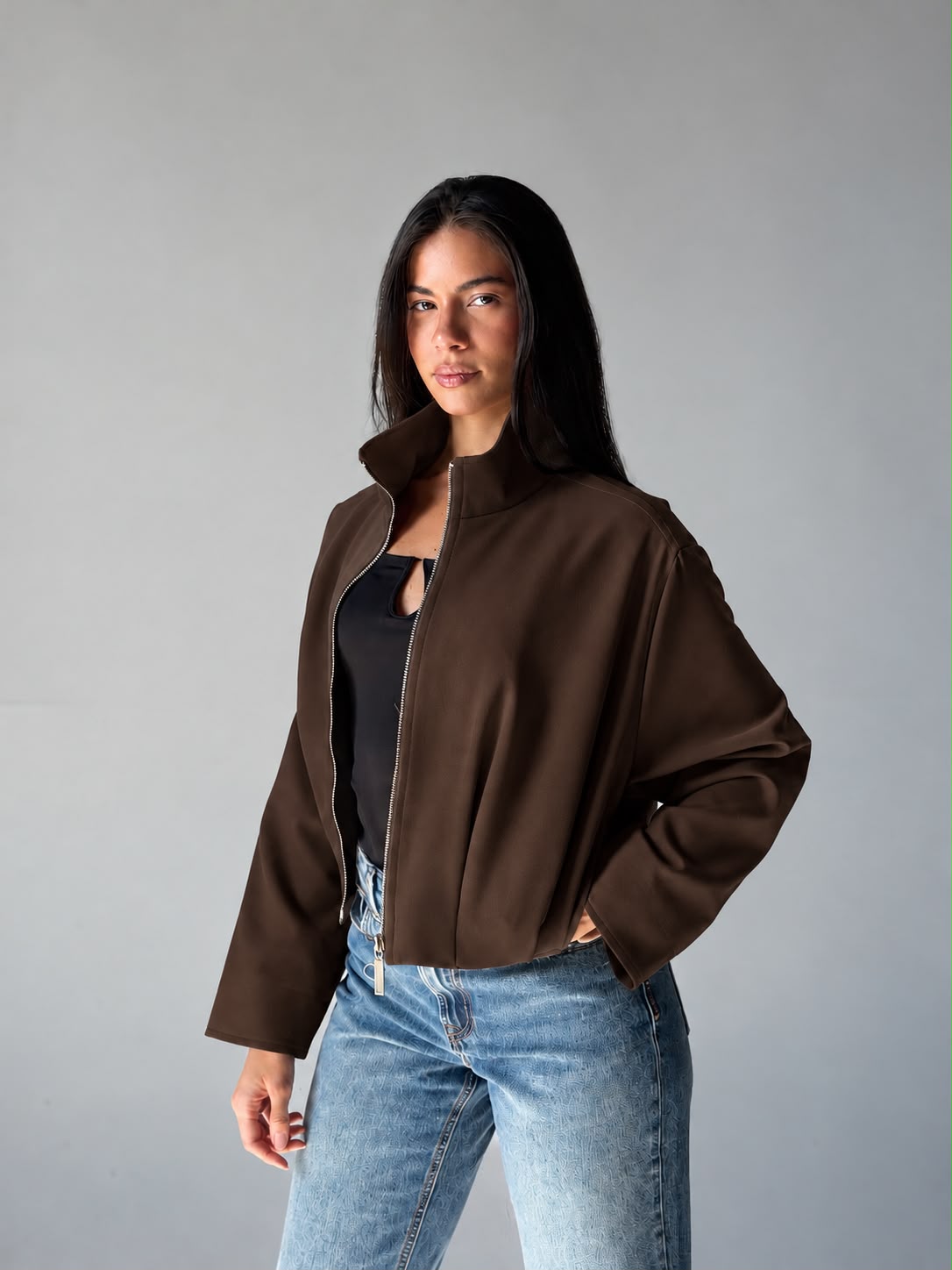 High-Neck Bomber Jacket In Brown