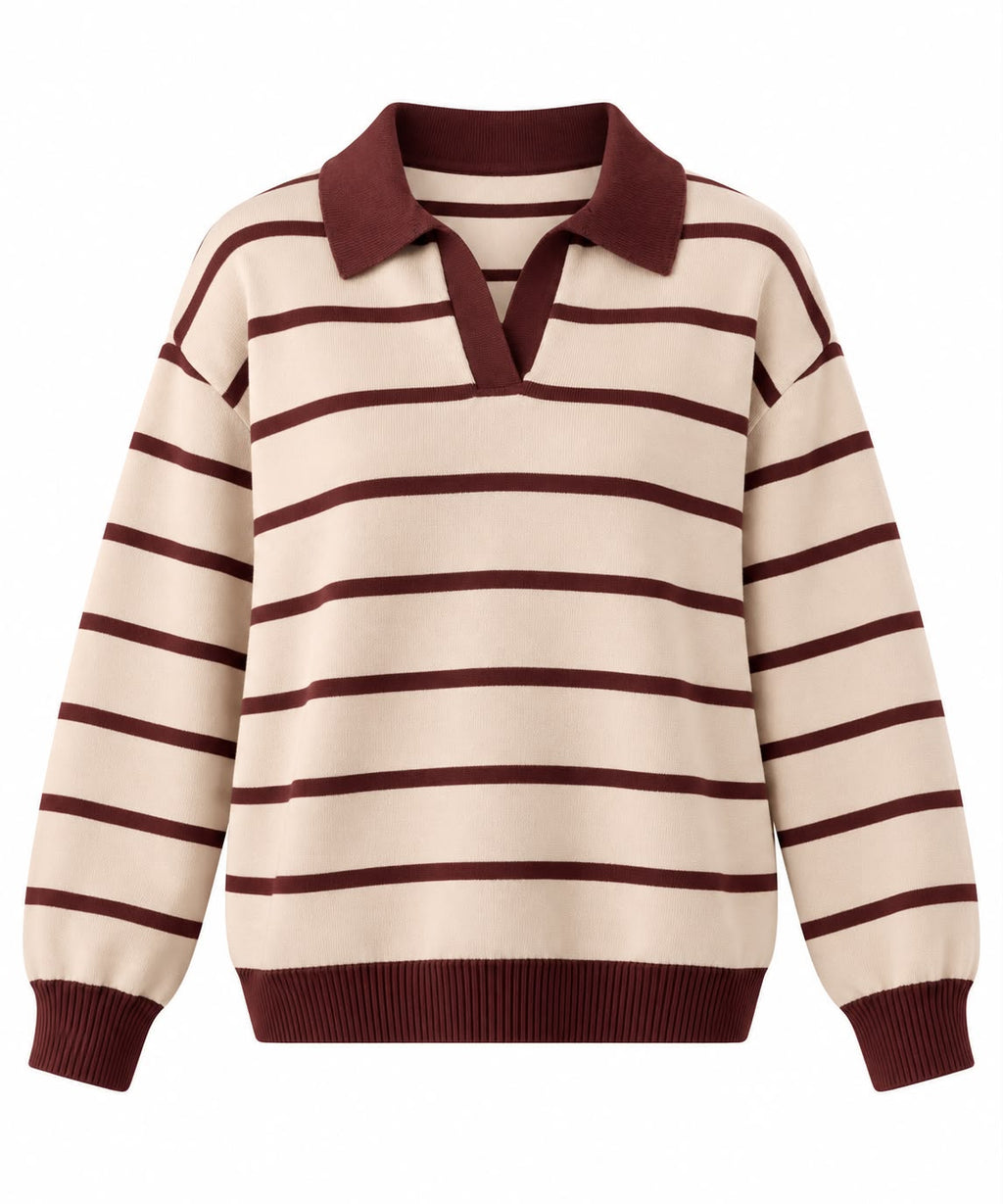 Fine Striped Knit Polo in Beige x Brown