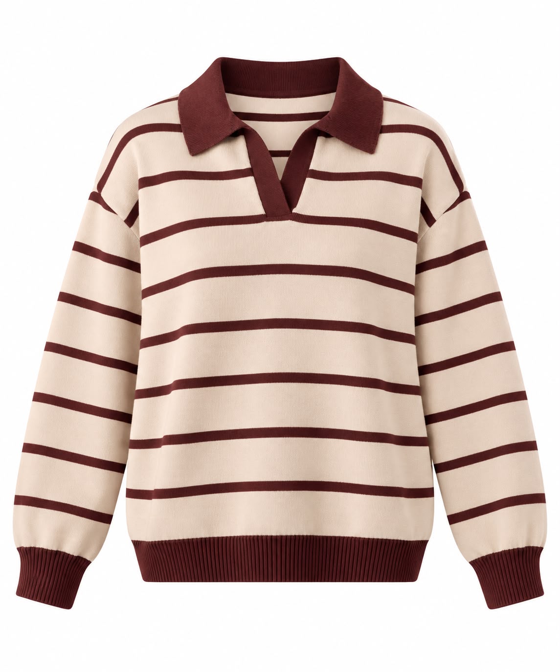 Fine Striped Knit Polo in Beige x Brown