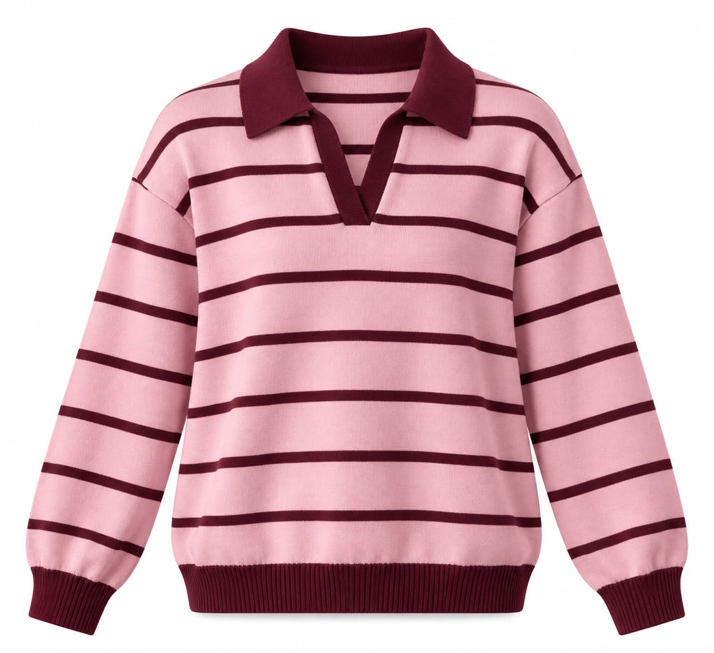 Fine Striped Knit Polo in Pink x Burgundy