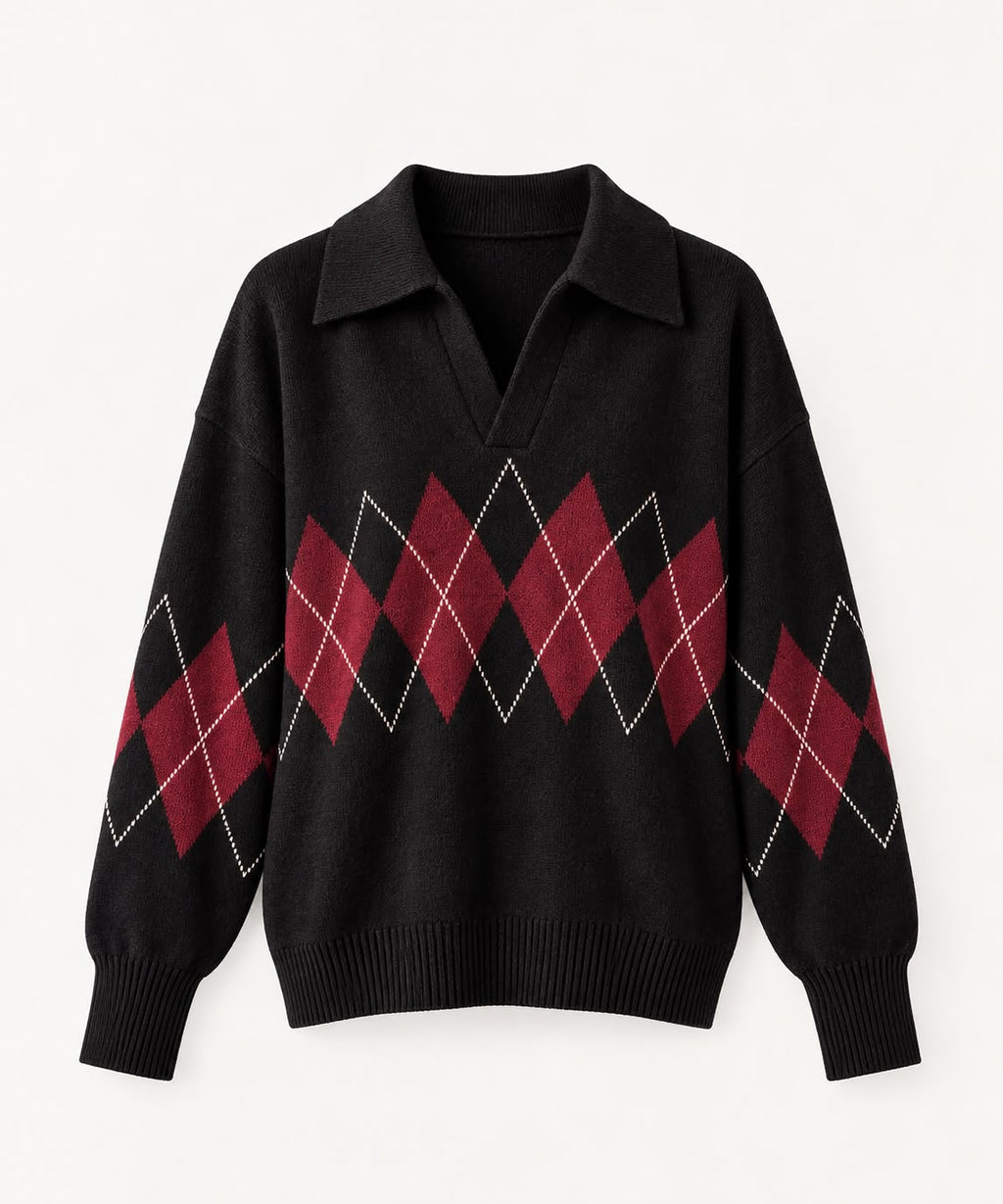 Argyle oversized Polo Sweater in Black