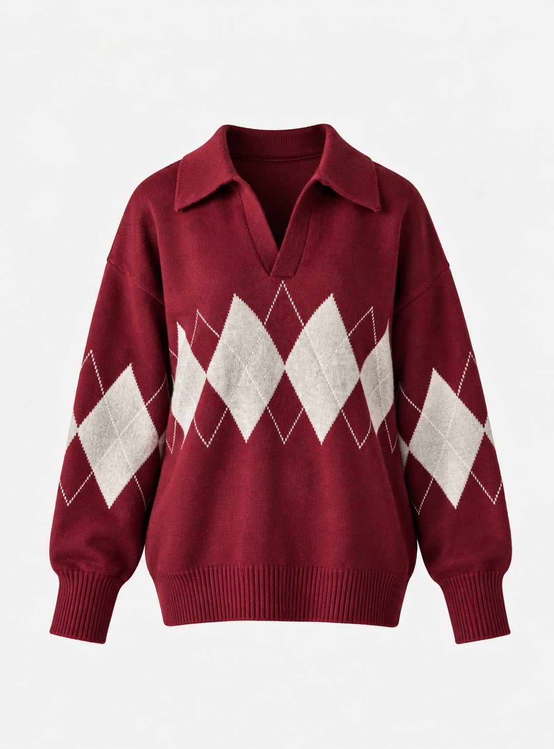 Argyle oversized Polo Sweater in Dark Red