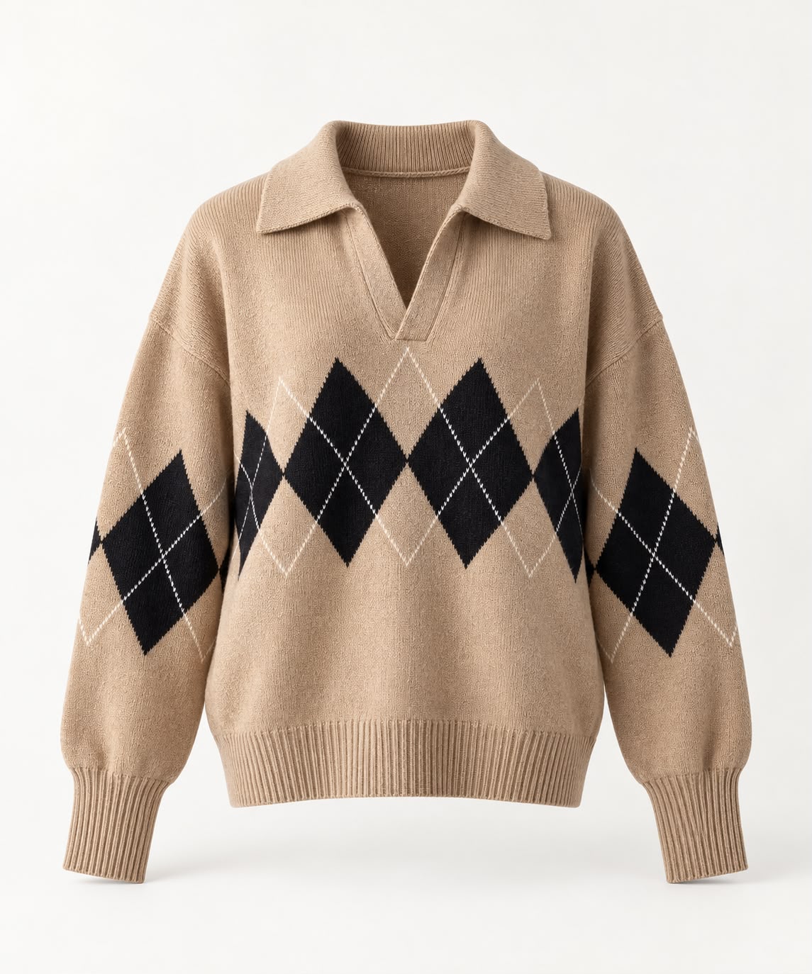 Argyle oversized Polo Sweater in Beige