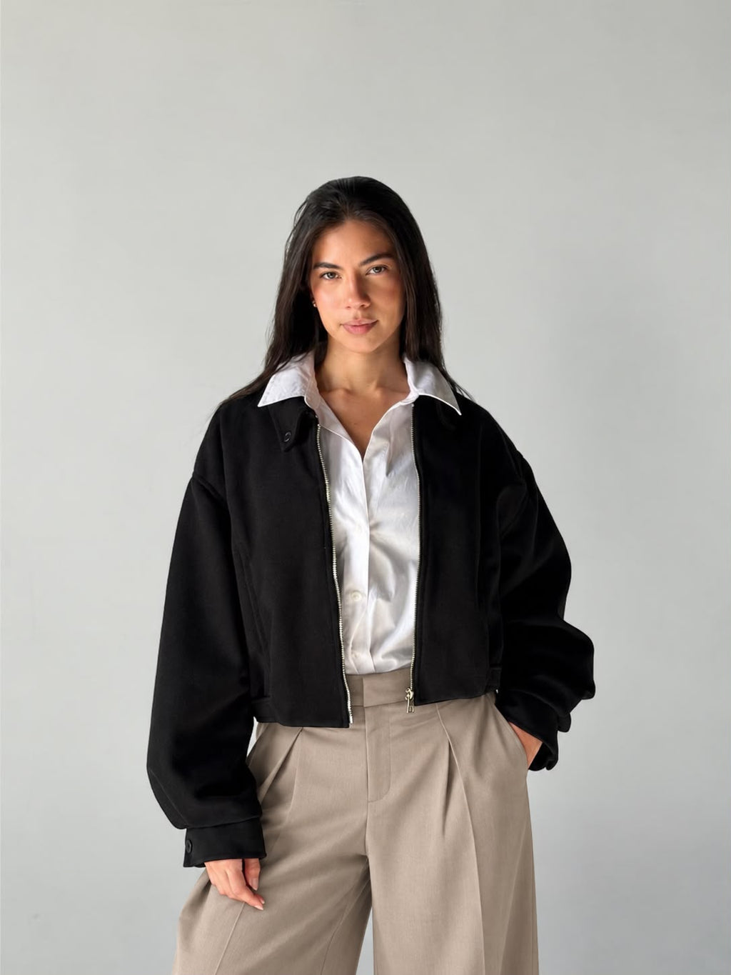 Cropped Bomber Jacket in Black