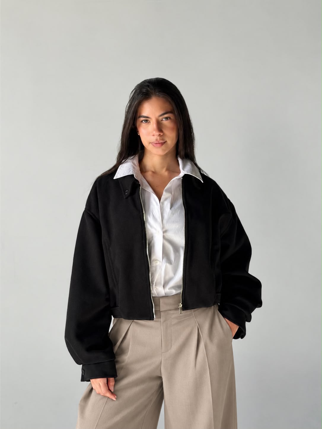 Cropped Bomber Jacket in Black