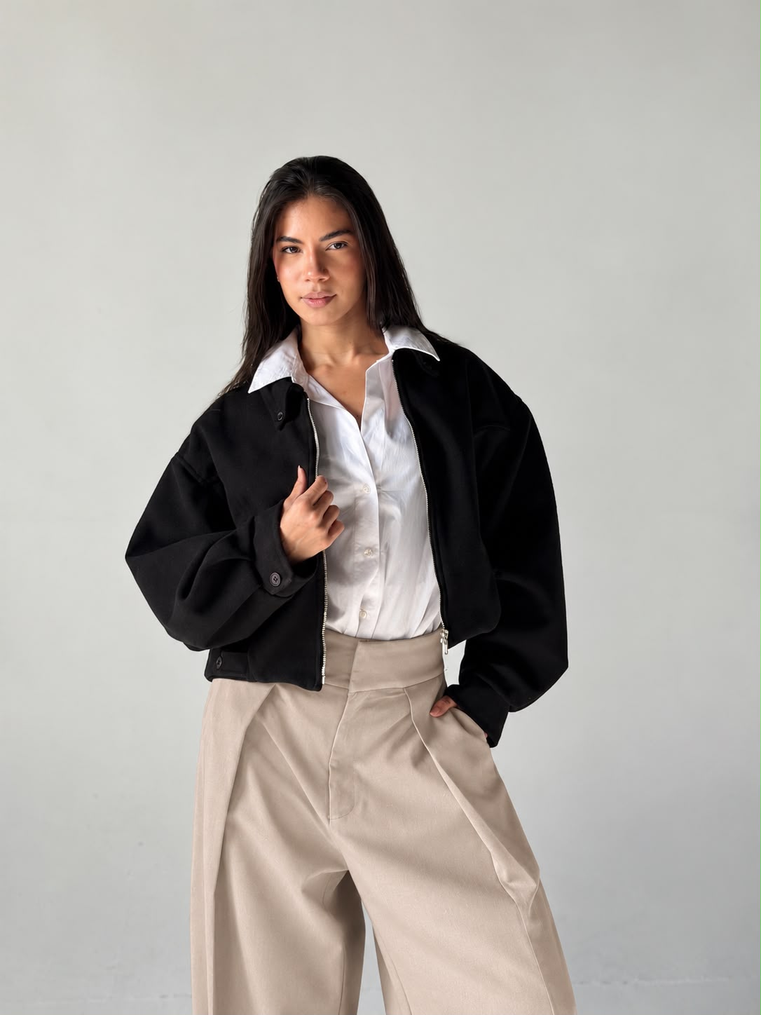Cropped Bomber Jacket in Black