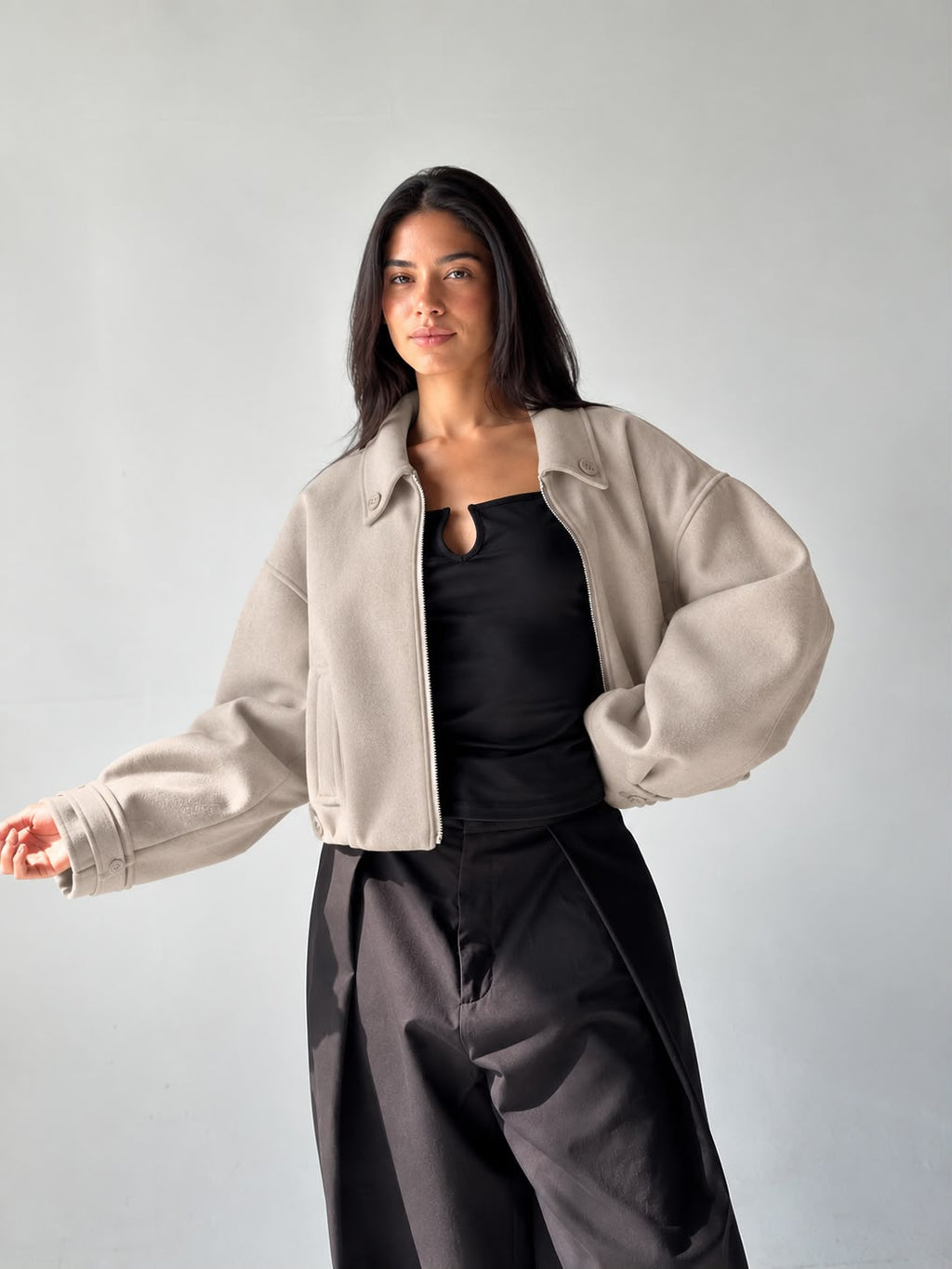 Cropped Bomber Jacket in Beige