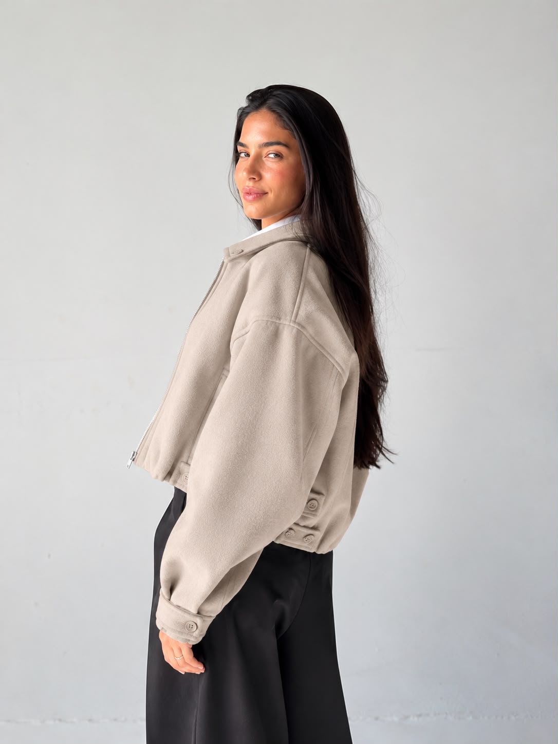 Cropped Bomber Jacket in Beige