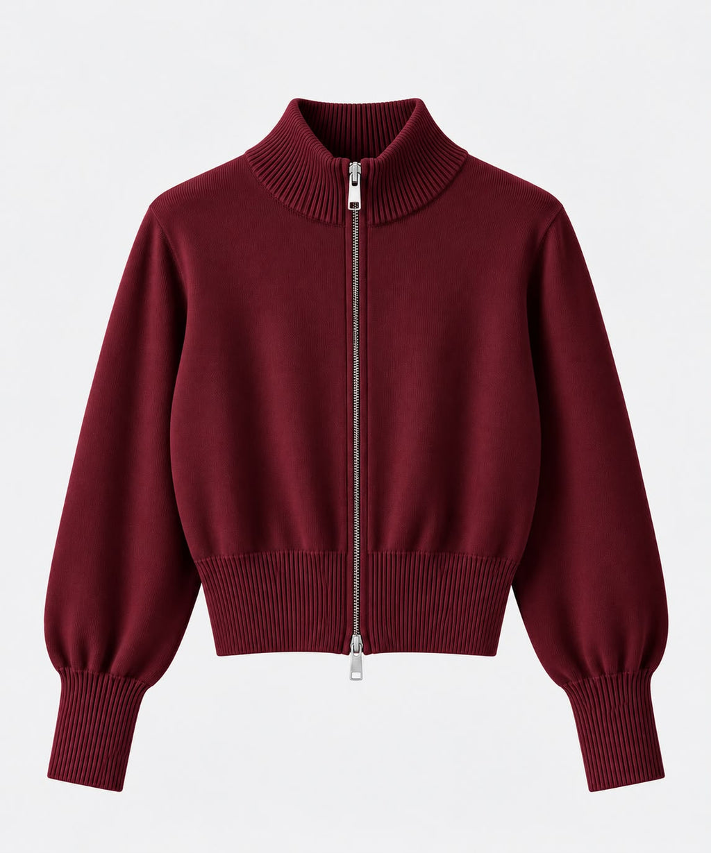 Zip-Up knit Cardigan in Burgundy