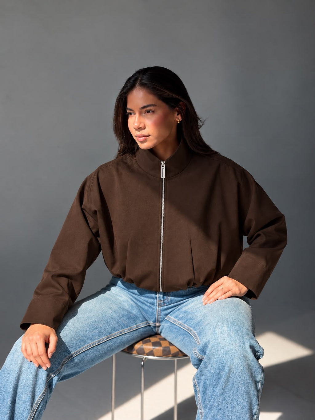 High-Neck Bomber Jacket In Brown