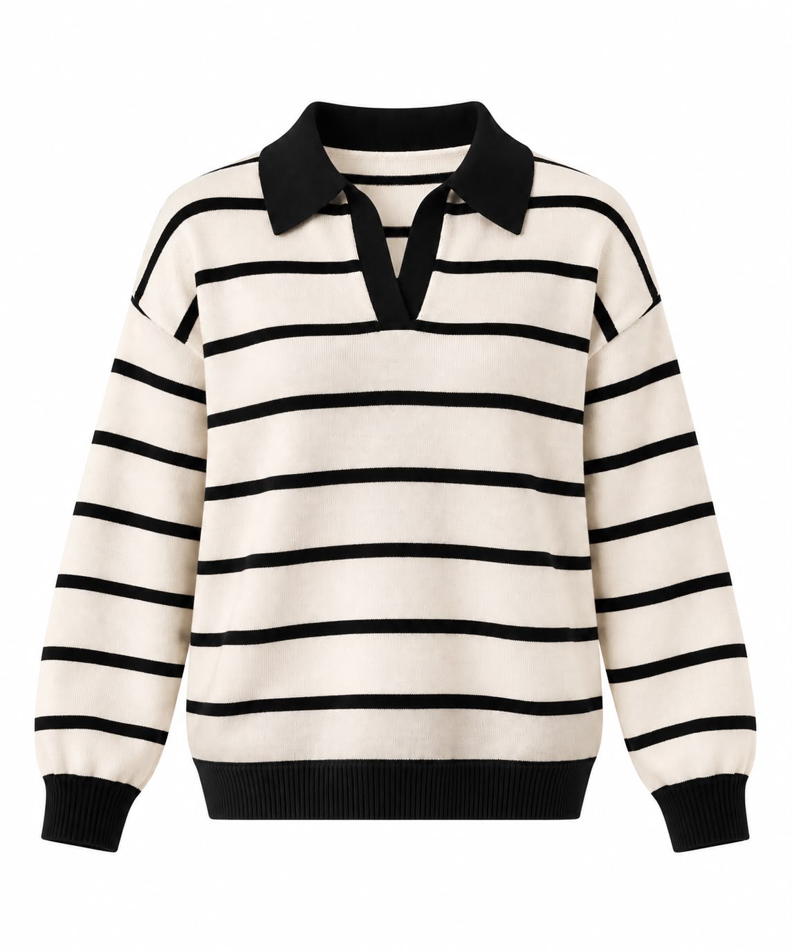 Fine Striped Knit Polo in White x Black
