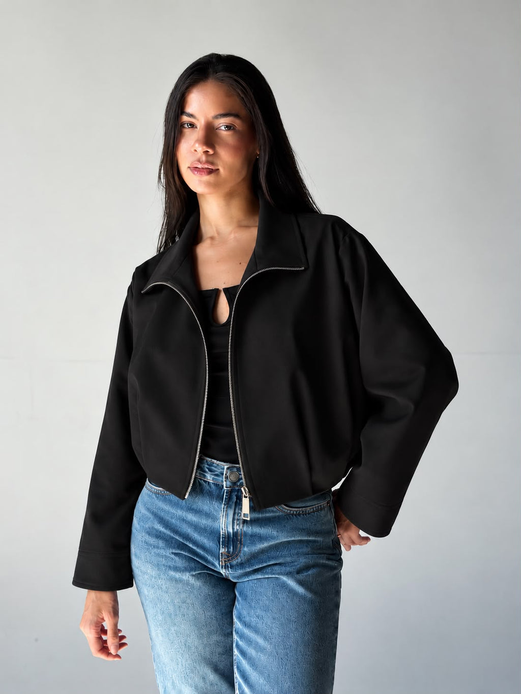 High-Neck Bomber Jacket In Black