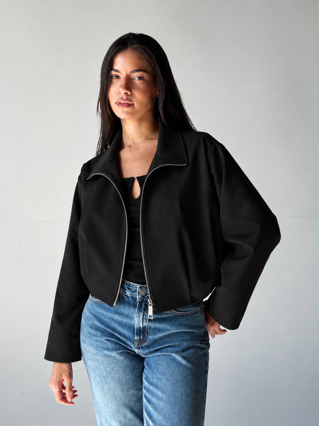 High-Neck Bomber Jacket In Black