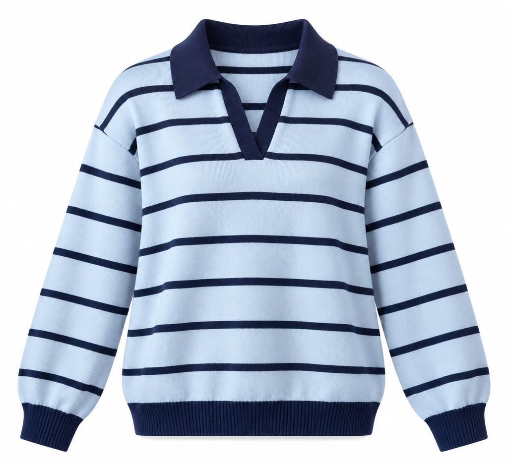 Fine Striped Knit Polo in Baby Blue x Navy