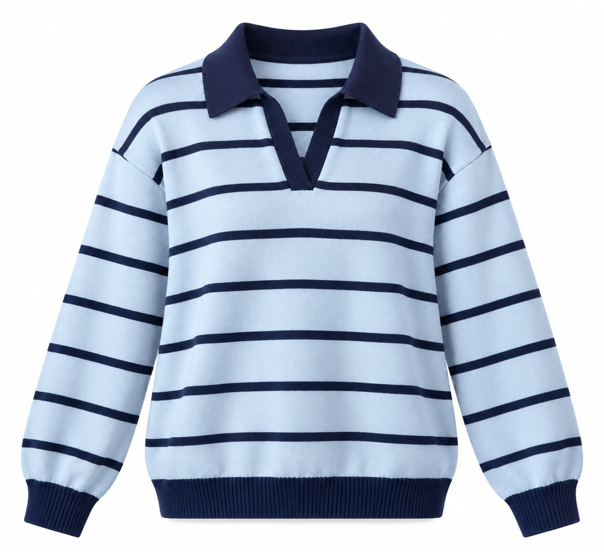 Fine Striped Knit Polo in Baby Blue x Navy