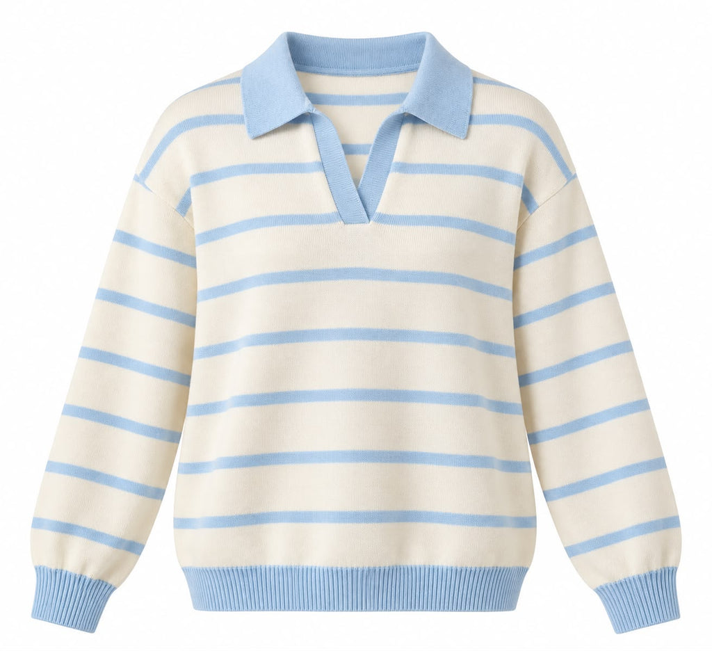 Fine Striped Knit Polo in White x Baby Blue