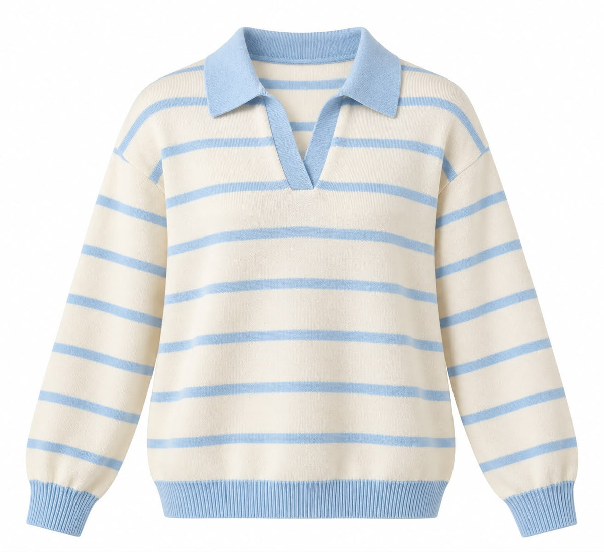 Fine Striped Knit Polo in White x Baby Blue