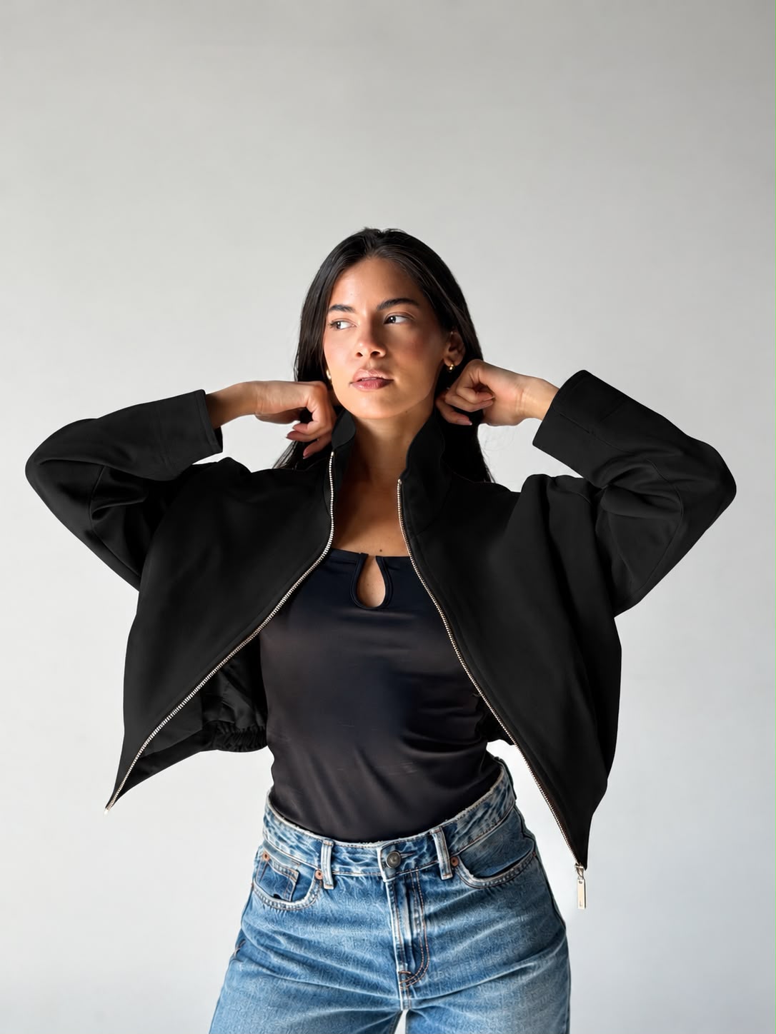 High-Neck Bomber Jacket In Black