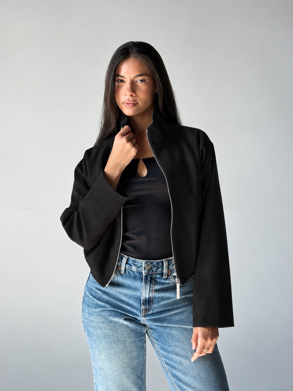 High-Neck Bomber Jacket In Black