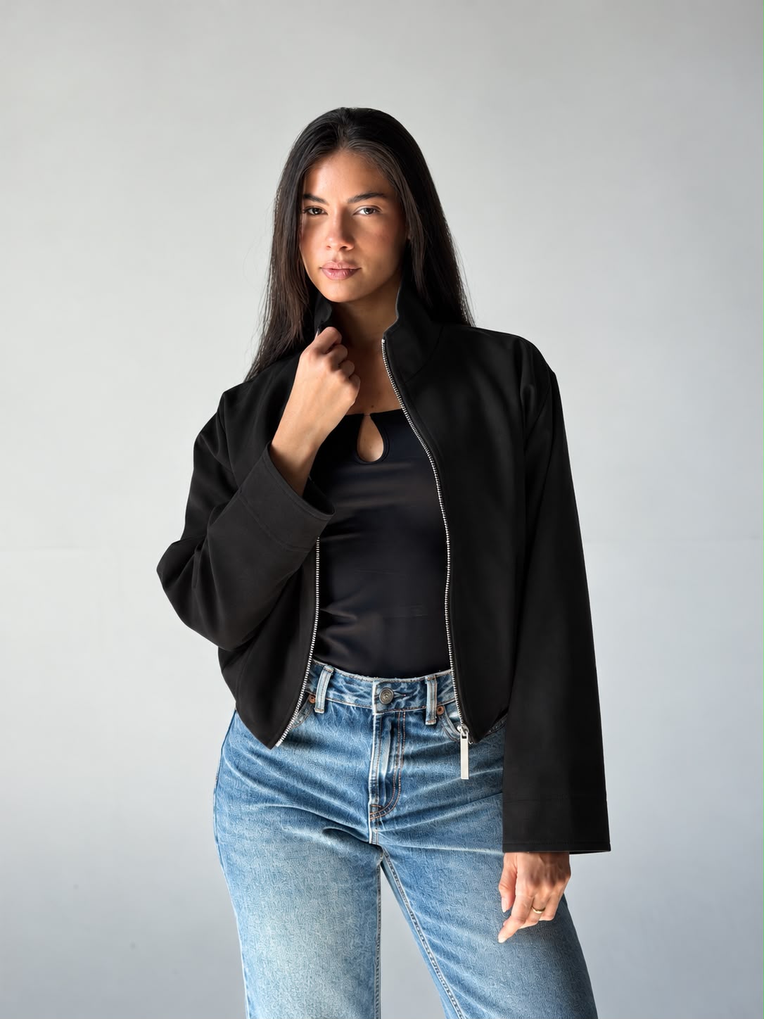 High-Neck Bomber Jacket In Black