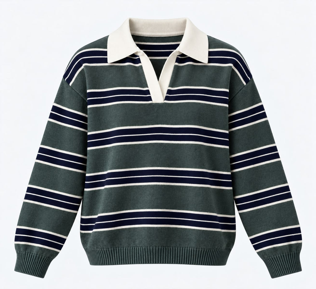 Bold Striped Polo Sweater in Dark green x Navy Blue