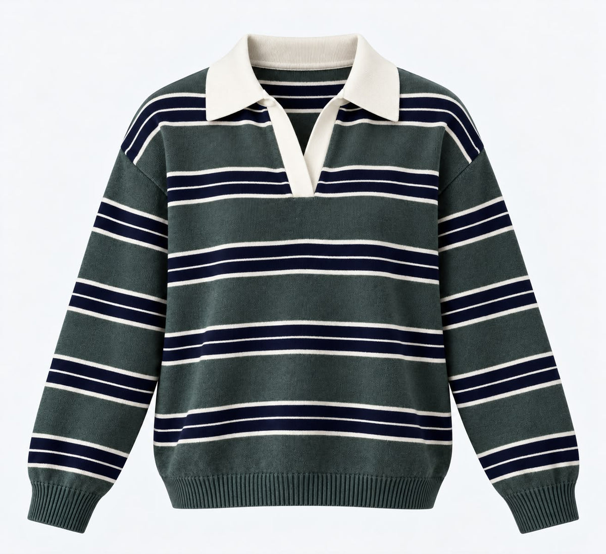 Bold Striped Polo Sweater in Dark green x Navy Blue