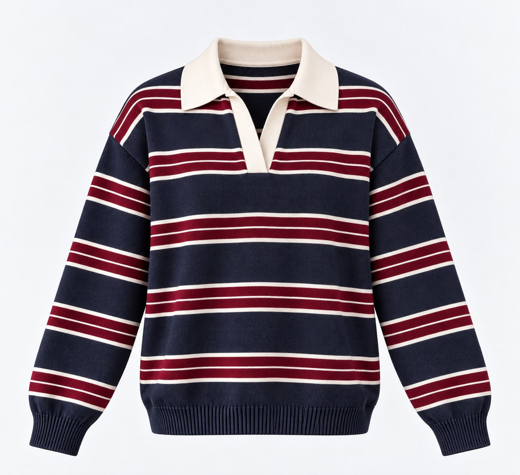 Bold Striped Polo Sweater in Navy Blue x Burgundy