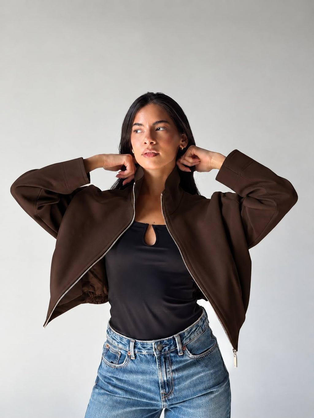 High-Neck Bomber Jacket In Brown