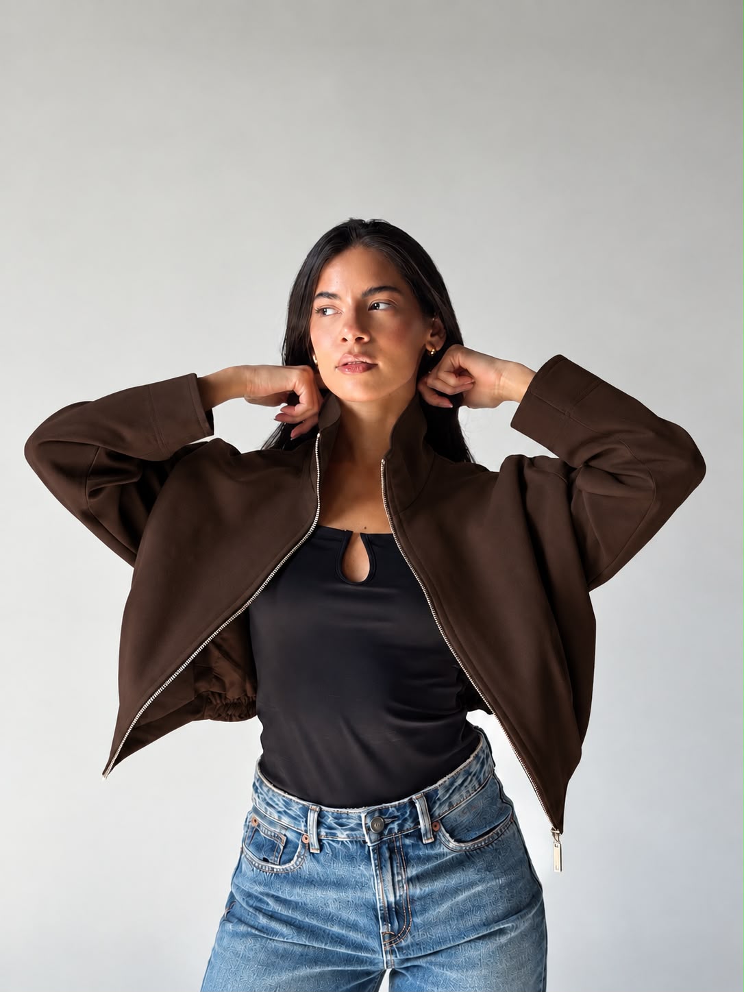 High-Neck Bomber Jacket In Brown