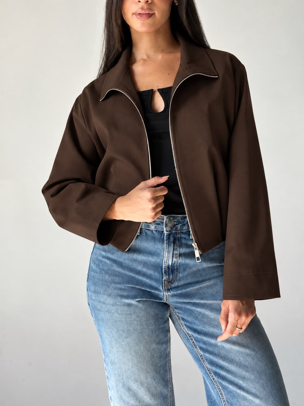 High-Neck Bomber Jacket In Brown